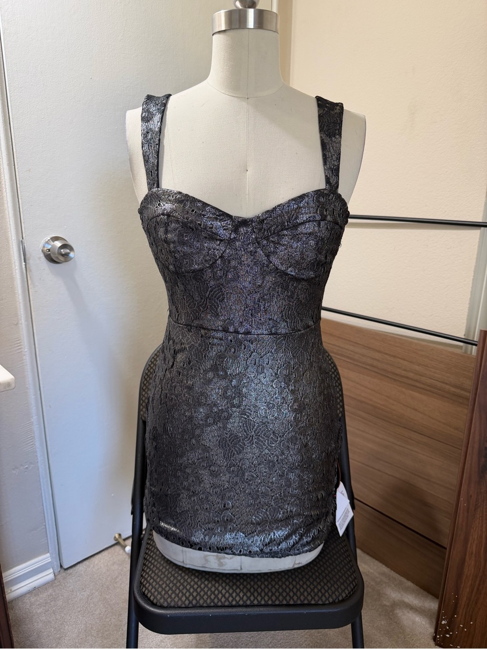 Topshop Metallic Black Lace Mini Dress